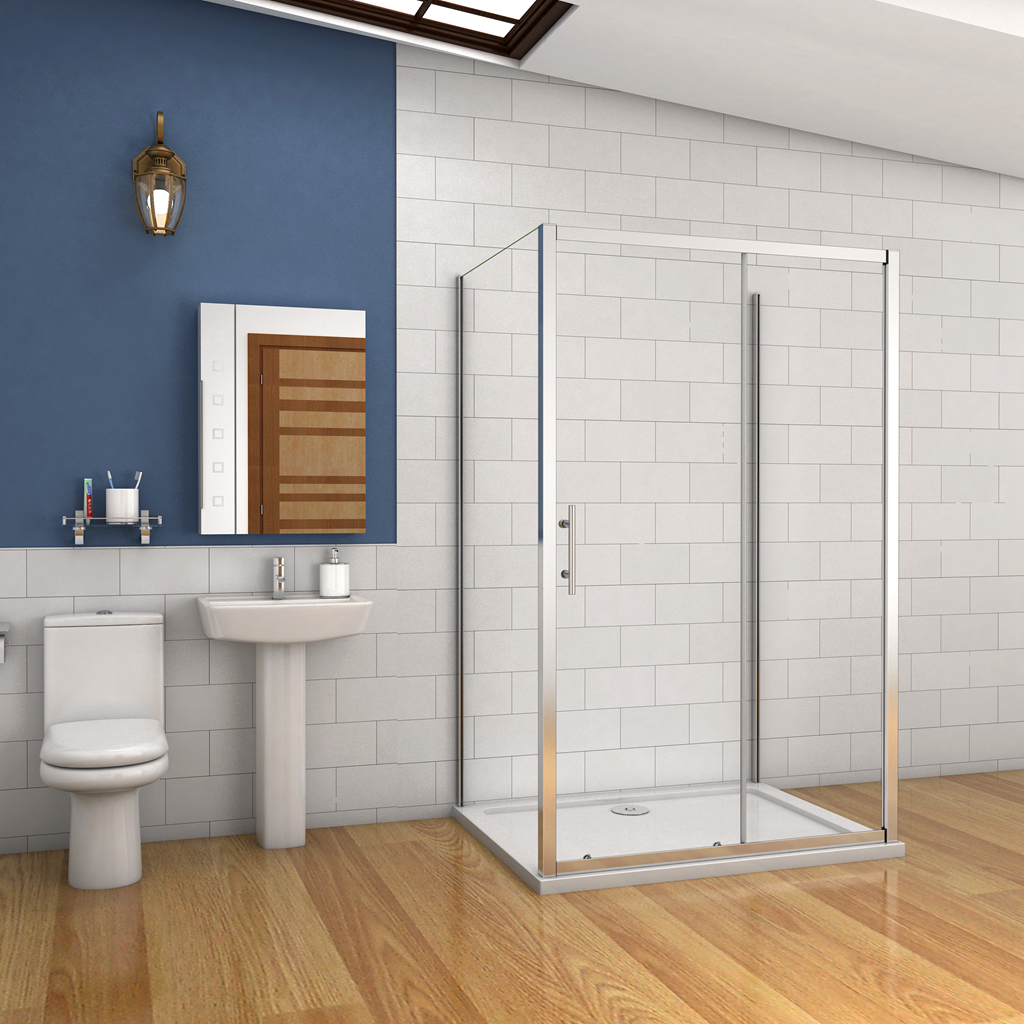 185 cm Box Doccia a Tre Lati Porta Scorrevole 100/110/120/130/140/150/160/170 cm con Doppia Parete Fissa 70x70/76x76/80x80/90x90 cm Vetro Temperato 5 mm Trasparente Telaio Cromato Lucido