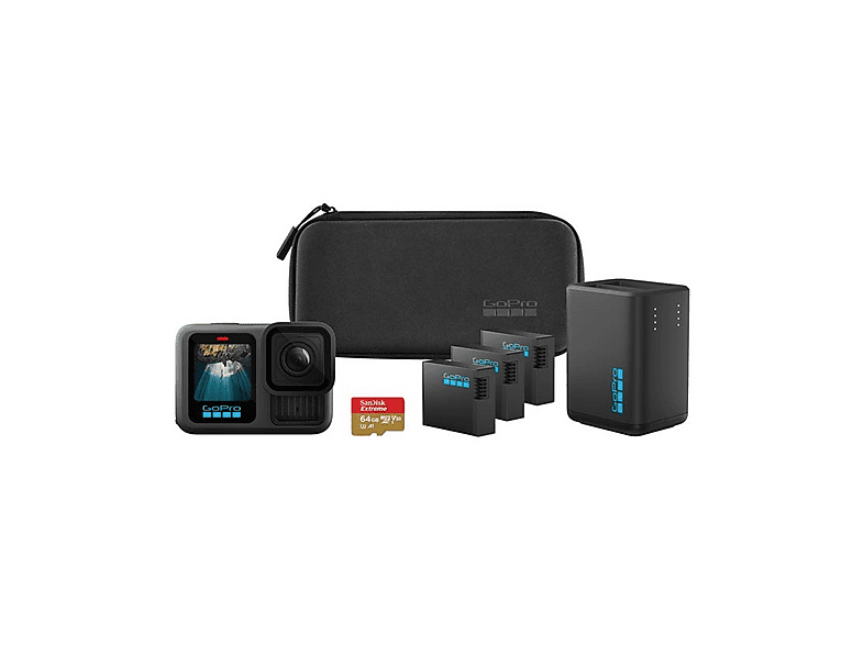 Action Camera GOPRO HERO13 Black Extended Power Bundle, caricabatterie doppio, 3 batterie Enduro, supporto adesivo curvo, SanDisk microSD64GB, custodia Action Camera GOPRO HERO13 Black Extended Power Bundle, caricabatterie doppio, 3 batterie Enduro, supporto adesivo curvo, SanDisk microSD64GB, custodia