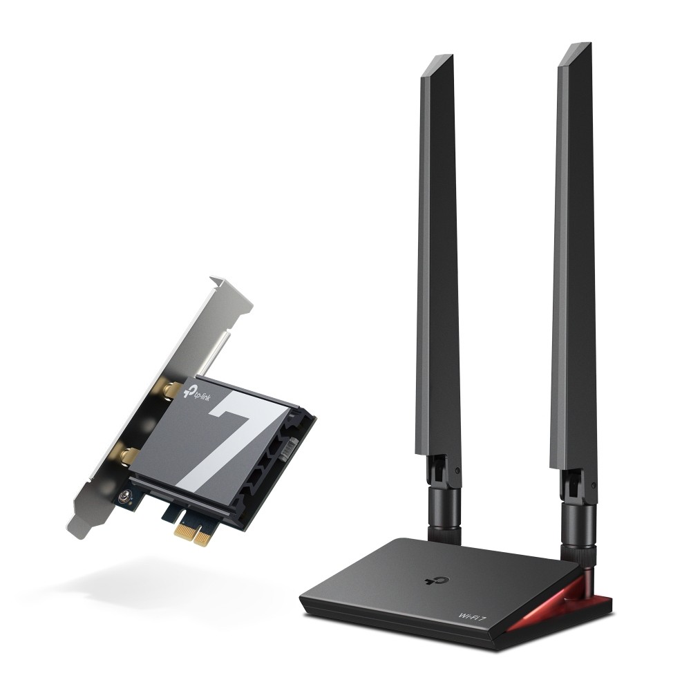 Adattatore di rete PCI TP-Link Archer TBE550E - Base con LED - Bluetooth - Velocità 93 Gbps - Wi-Fi 7 Tri-Band - 2 antenne multidirezionali - Sicurezza avanzata - Nero
