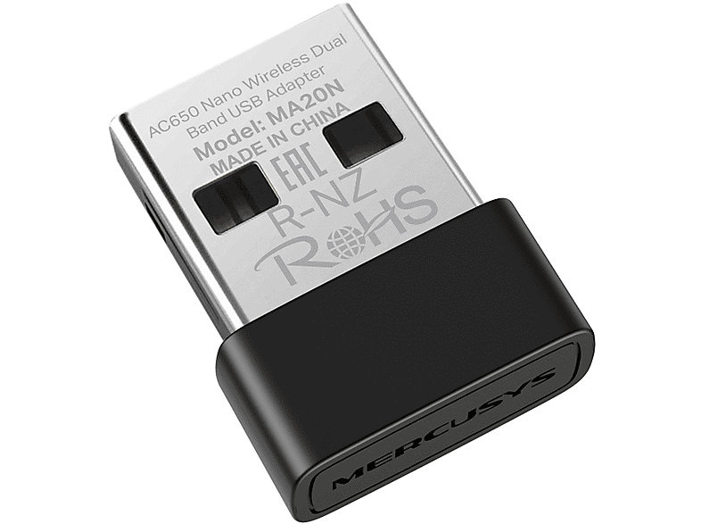 Adattatore MERCUSYS MA20N Scheda Wi-Fi AC650, Velocità di trasferimento 640 Mbit/s, Sistema operativo compatibile con Windows 11; 10, Dispositivi compatibili PC o laptop USB