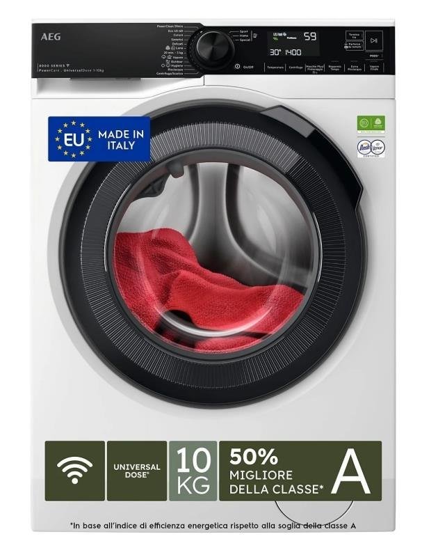 AEG LR8FH104VY LAVATRICE, Caricamento frontale, 10 kg, 13 programmi, Profondità 63,6 cm, Giri 1400 rpm, Bianco, livello rumorosità centrifuga 72 dB(A), Classe A