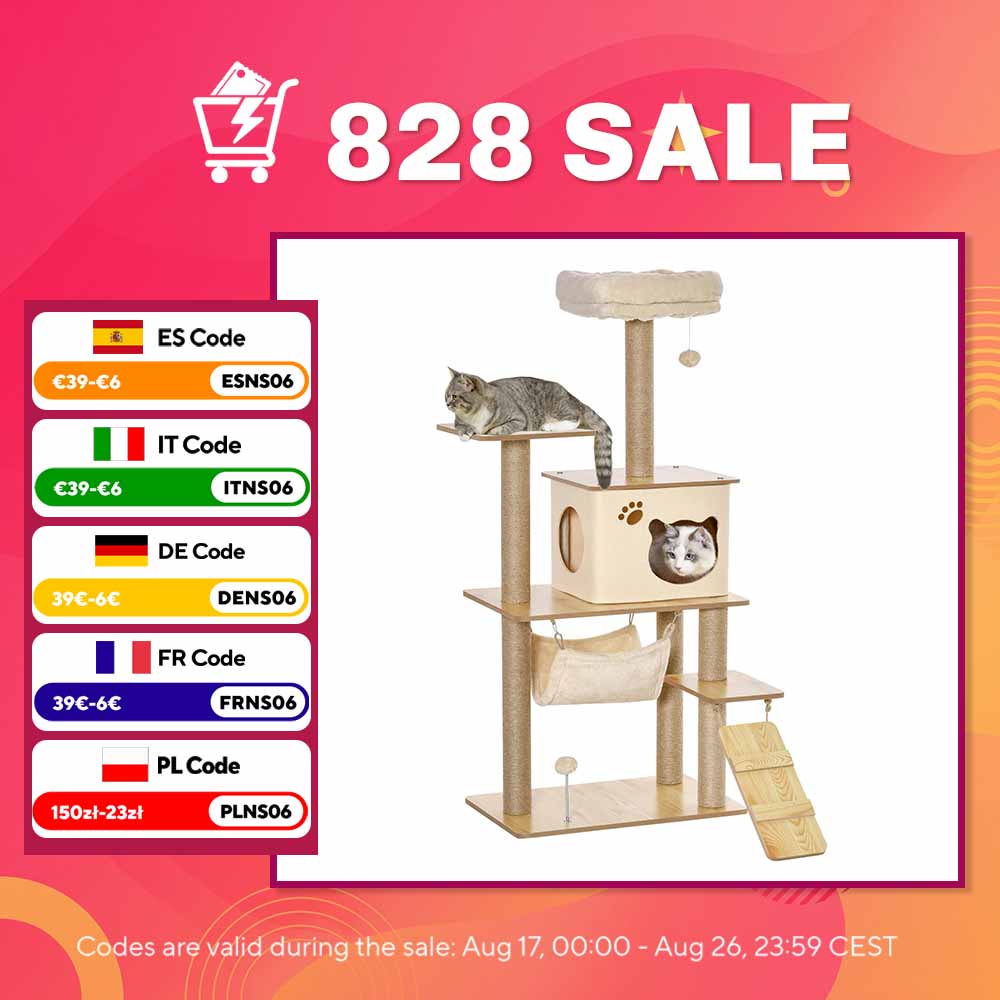 Albero per gatti PawHut, alto 130 cm, torre giochi per gatti, piattaforme, cuccia, letto, amaca, scala e 2 palline di peluche, tiragraffi in juta, più livelli, giallo