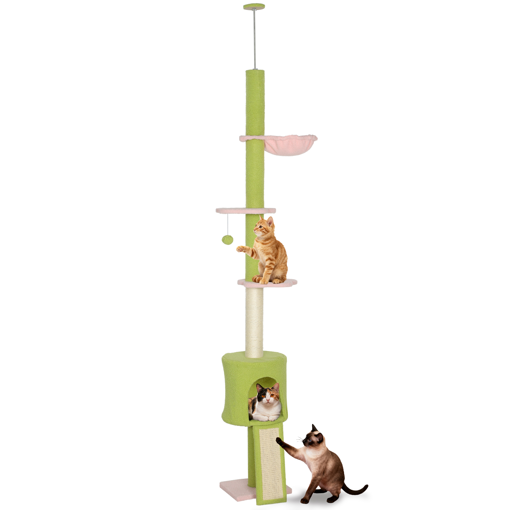 Albero per gatti PawHut da terra a soffitto, 5 livelli, altezza regolabile 220 cm, piattaforme a forma di fiore con nicchia, amaca, rampa e palla da gioco sospesa, centro attività per interni, Verde