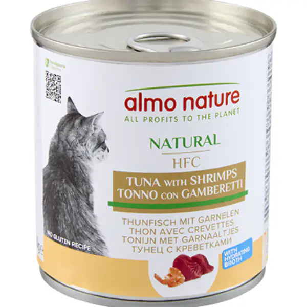 Almo Nature HFC Natural in brodo di cottura 280 gr Tonno e gamberetti - confezione da 6 pezzi - Cibo umido per gatti - 1° ORDINE? scegli tra BZR5 - BZR20 + 200 pt fedeltà