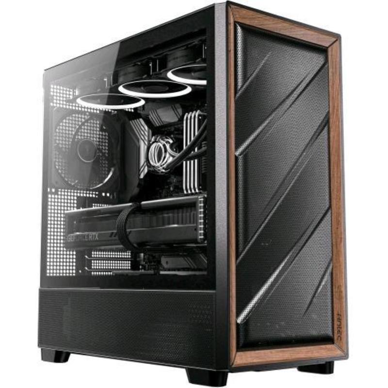 Antec flux wood mid tower frontale alto flusso rifiniture in legno di noce 5 ventole pwm incluse radiatore 420mm finestra laterale nero