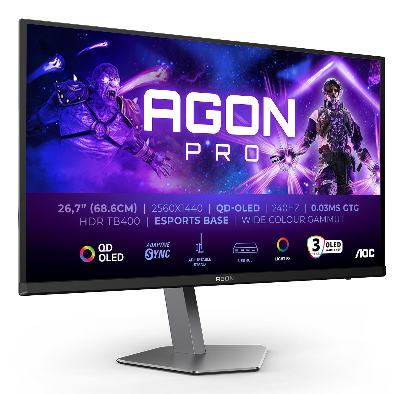 AOC AGON PRO AG276QZD2 Monitor PC 673 cm (26.5) 2560 x 1440 Pixel Quad HD QD-OLED Nero Grigio