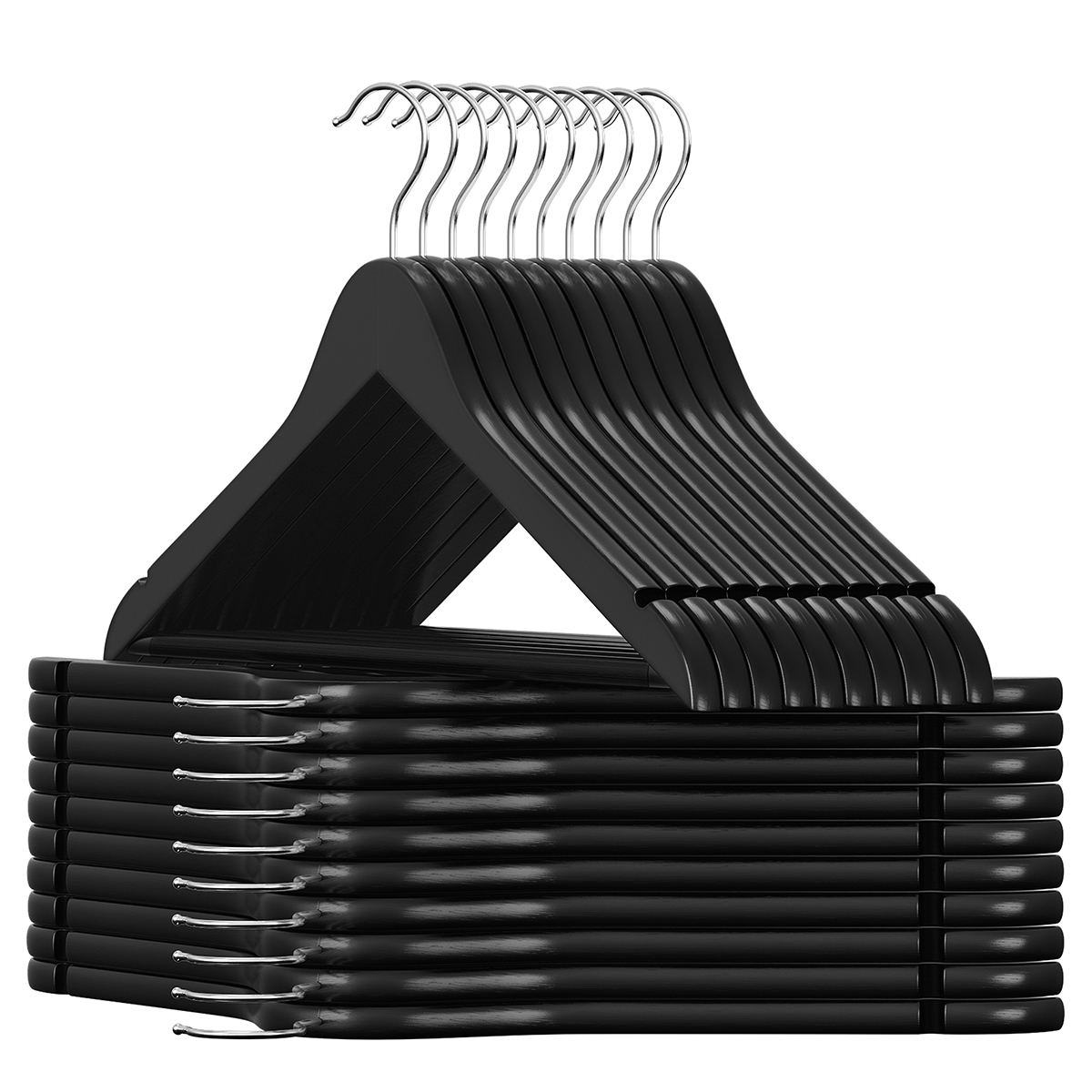Appendiabiti SONGMICS in Legno Massiccio, Set da 20, con Scanalature per Spalle, Barra Antiscivolo per Pantaloni, Gancio Girevole a 360°, per Completi, Camicie, Cappotti, Nero e