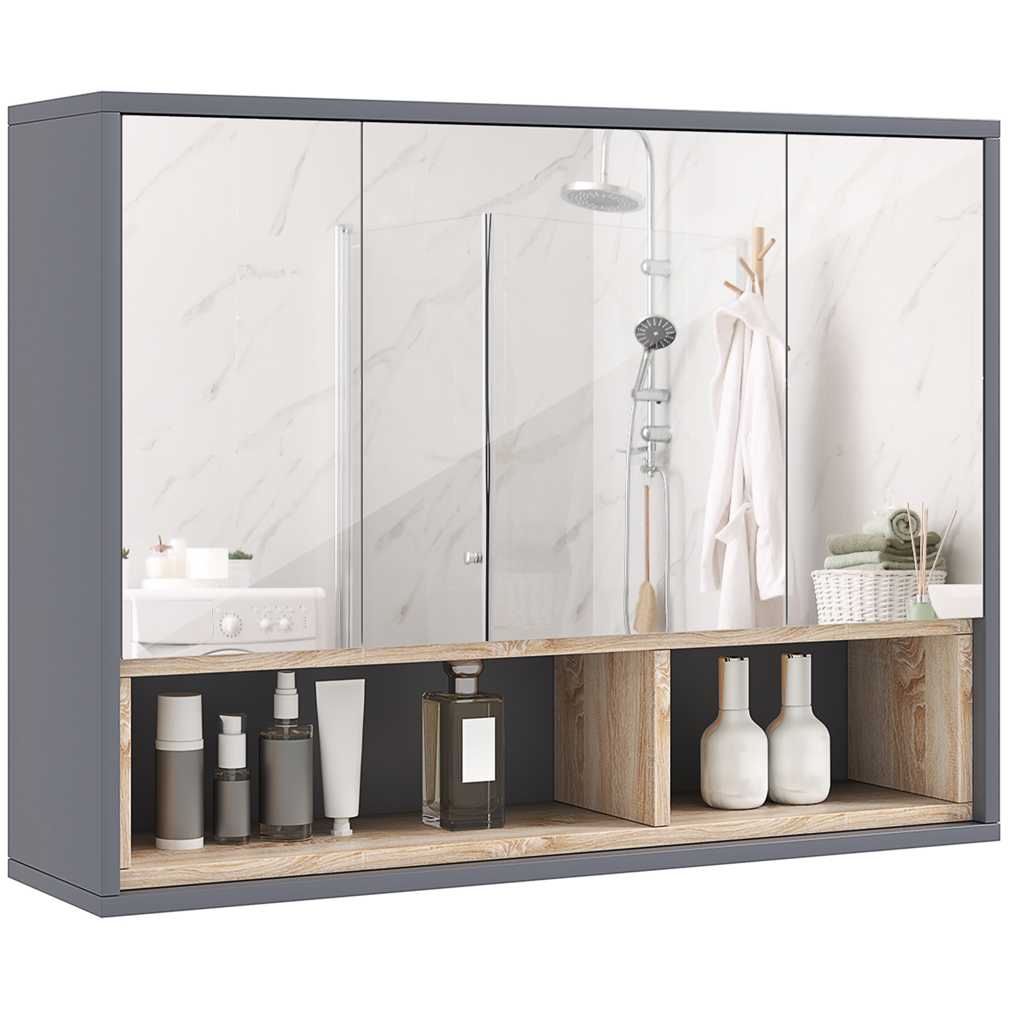 Armadio a muro HOMCOM, mobile da bagno con specchio e armadietto sospeso, mobile da bagno con specchio e contenitore, armadi con 3 ante e 8 scomparti, Sun. 80L x 20l x 60H cm, Grigio