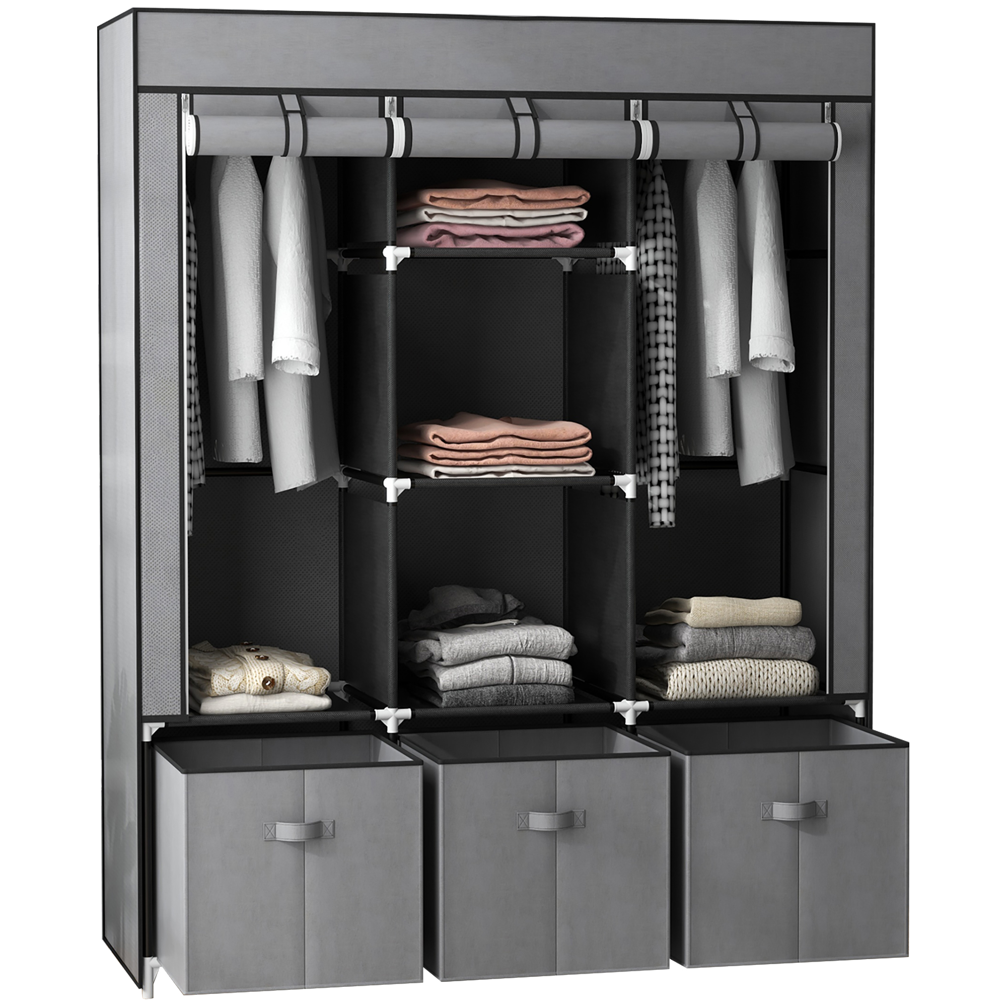 Armadio contenitore in tessuto HOMCOM, pieghevole con 5 ripiani, 2 aste appendiabiti e 3 cassetti in tessuto – 125L x 43P x 162,5H cm, grigio