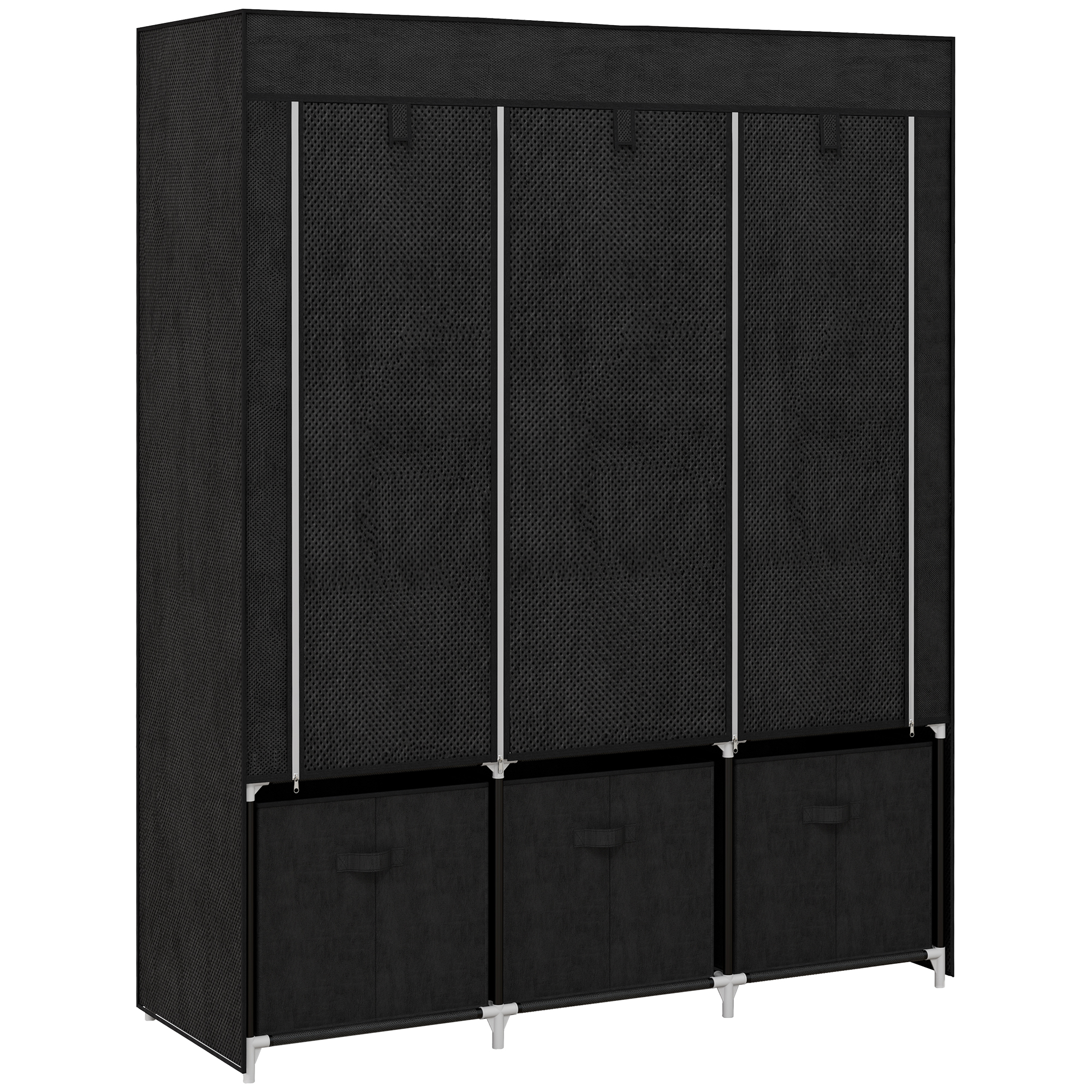 Armadio contenitore in tessuto HOMCOM, pieghevole con 5 ripiani, 2 aste appendiabiti e 3 cassetti in tessuto – 125L x 43P x 162,5A cm, nero