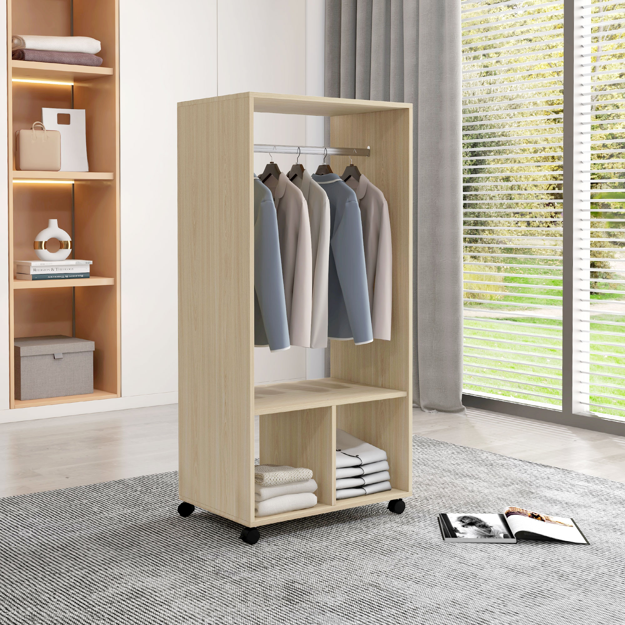 Armadio HOMCOM con ripiani, 2 nicchie, 4 ruote orientabili. 60L x 40l x 128H cm colore legno naturale