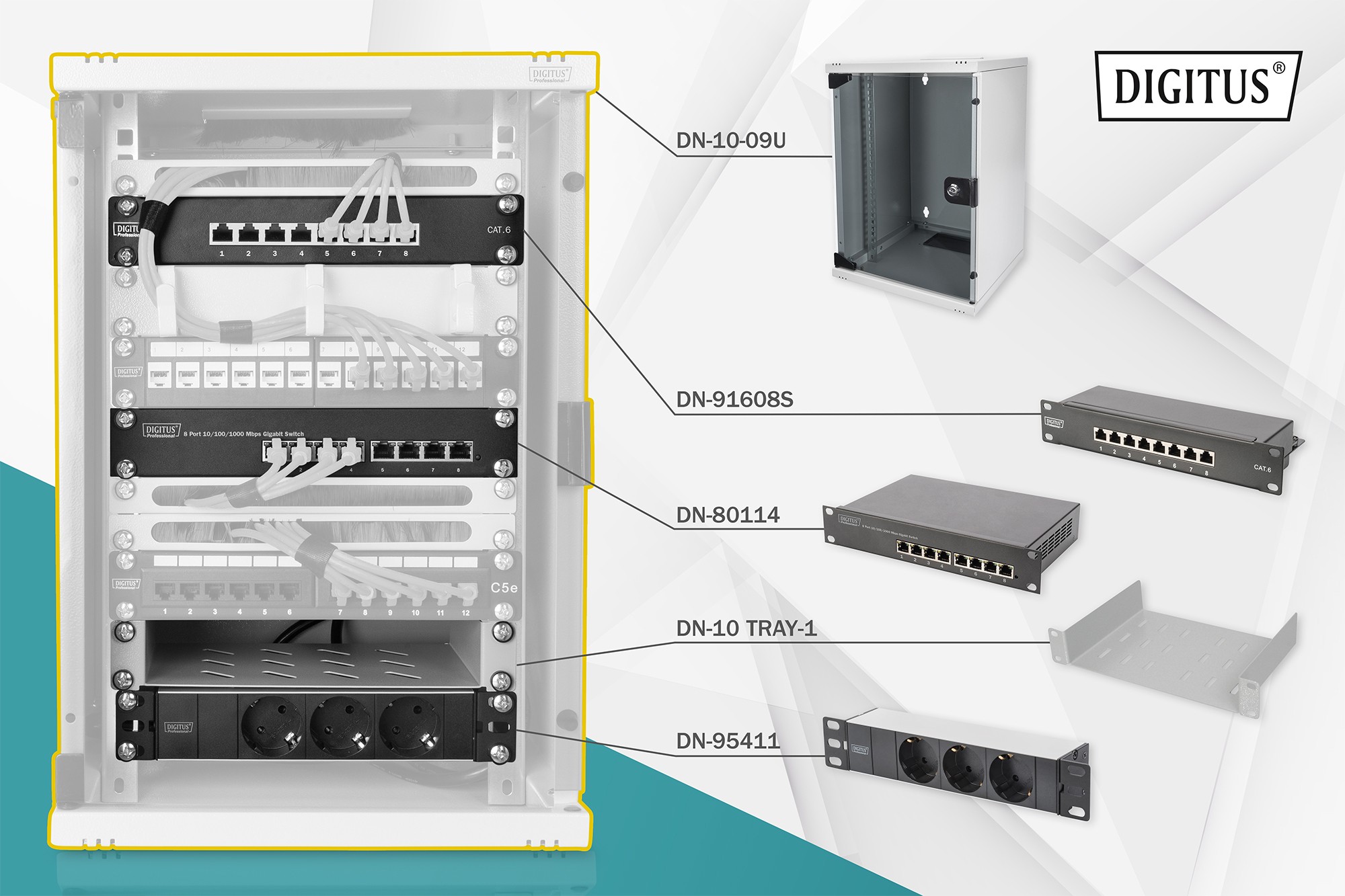 Armadio Rack 9 Unita' 10 Con 1 Ripiano Multipresa Switch Di Rete 8 Porte Gigabit Pannello Patch 8 Porte 10 Cavi Rete Grigio Digitus