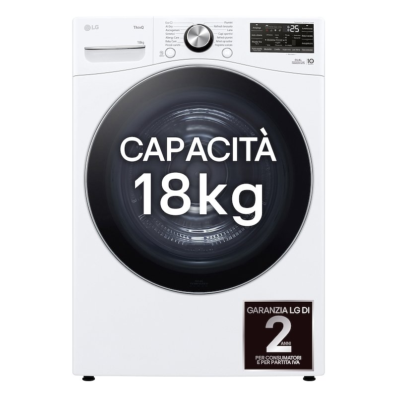 ASCIUGATRICE LG RH18U8AVCW A pompa di calore, 18 kg, profondità 82 cm, 63 dB(A), Bianca, Classe D