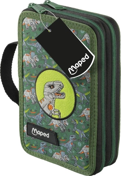 Astuccio a due scomparti Maped Dinosaur con 38 articoli: gomma temperamatite matita di grafite HB 2 penne righello 18 matite colorate 12 pennarelli forbici ed evidenziatore.