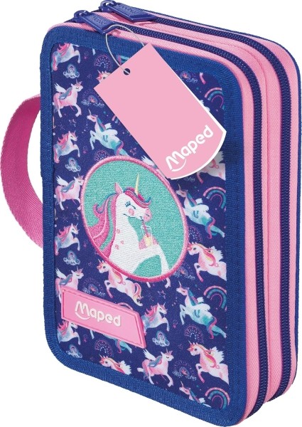 Astuccio a due scomparti Maped Unicorn con 38 articoli: gomma temperamatite matita di grafite HB 2 penne righello 18 matite colorate 12 pennarelli forbici ed evidenziatore.