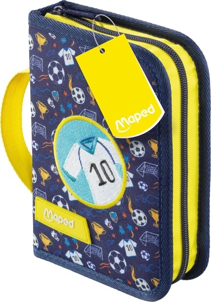 Astuccio da calcio Maped con 31 articoli: gomma temperamatite matita di grafite HB 2 penne righello 12 matite colorate 12 pennarelli ed evidenziatore.