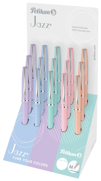 Astuccio espositivo Pelikan Jazz con 15 penne retrattili - Tratto da 1 mm - Meccanismo a rotazione - Ricarica blu 337M - Colori pastello assortiti