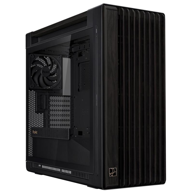 Asus proart pa602 wood tg pwm black case gaming e-atx in vetro temperato supporto per dissipatore da 420mm ventole da 140mm e 200mm rilevatore di polvere ir presa d`aria laterale nero