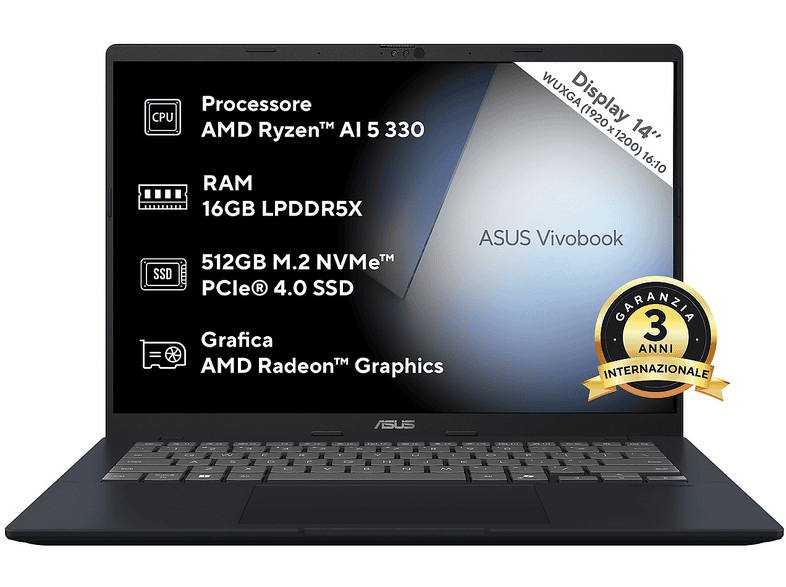 ASUS Vivobook 14 M1407 NOTEBOOK, ", processore AMD Ryzen AI 5 330, Radeon™ Onboard Graphics, RAM 16 GB, 512 GB SSD, Blue, Windows 11 Home ASUS Vivobook 14 M1407 NOTEBOOK, ", processore AMD Ryzen AI 5 330, Radeon™ Onboard Graphics, RAM 16 GB, 512 GB SSD, Blue, Windows 11 Home