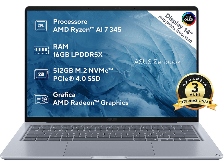 ASUS Zenbook 14 UX3480 NOTEBOOK, ", processore AMD Ryzen AI 7 345, Radeon™ Onboard Graphics, RAM 16 GB, 512 GB SSD, Blue, Windows 11 Home ASUS Zenbook 14 UX3480 NOTEBOOK, ", processore AMD Ryzen AI 7 345, Radeon™ Onboard Graphics, RAM 16 GB, 512 GB SSD, Blue, Windows 11 Home