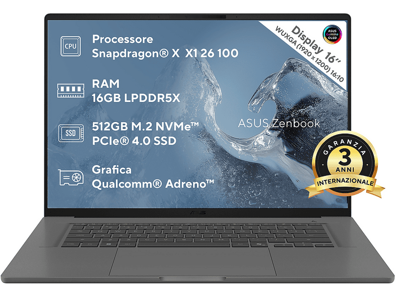 ASUS Zenbook A16 UX3607 NOTEBOOK, 16 ", processore Qualcomm Snapdragon X X1 26 100, Adreno™ Onboard Graphics, RAM GB, 512 GB SSD, Grey, Windows 11 Home