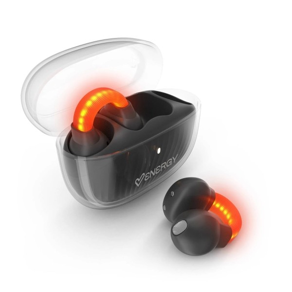 Auricolari wireless Energy Systems LightPods - Bluetooth 5.4 - Sistema di luci di sicurezza - Fino a 25 ore di autonomia - Tecnologia Open Sound - Microfono con riduzione del rumore ENC - Assistente vocale integrato - Design ergonomico - Nero