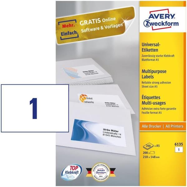 Avery Etichette Multiuso A5 210 X 148MM Bianche Laser A Colori Inkjet, 200FF 6135A