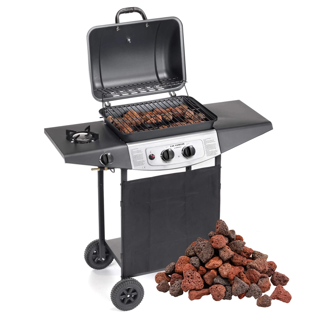 Barbecue a Gas a pietra lavica con 2 Bruciatori, Fornello Laterale e Termometro Integrato