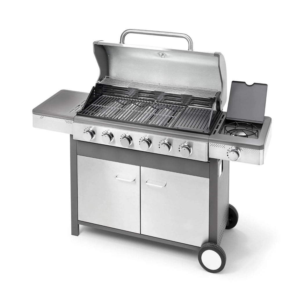 Barbecue a Gas GPL 6 Fuochi + 1 Fornello Laterale Ompagrill Indianapolis 7/B in Acciaio Inox