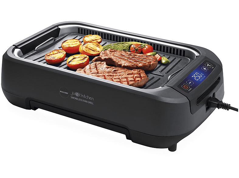Barbecue MACOM smokeless fan grill, Elettrico, Potenza 1500 W, Griglia da 37 x 22.5 cm, Contenitore per trattenere liquido e grasso, Adatto lavastoviglie, nero