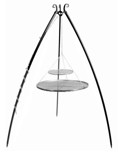 Barbecue Treppiede da 200 cm con 2 griglie in acciaio naturale 70 cm + 40 cm Barbecue Treppiede da 200 cm con 2 griglie in acciaio naturale 70 cm + 40 cm