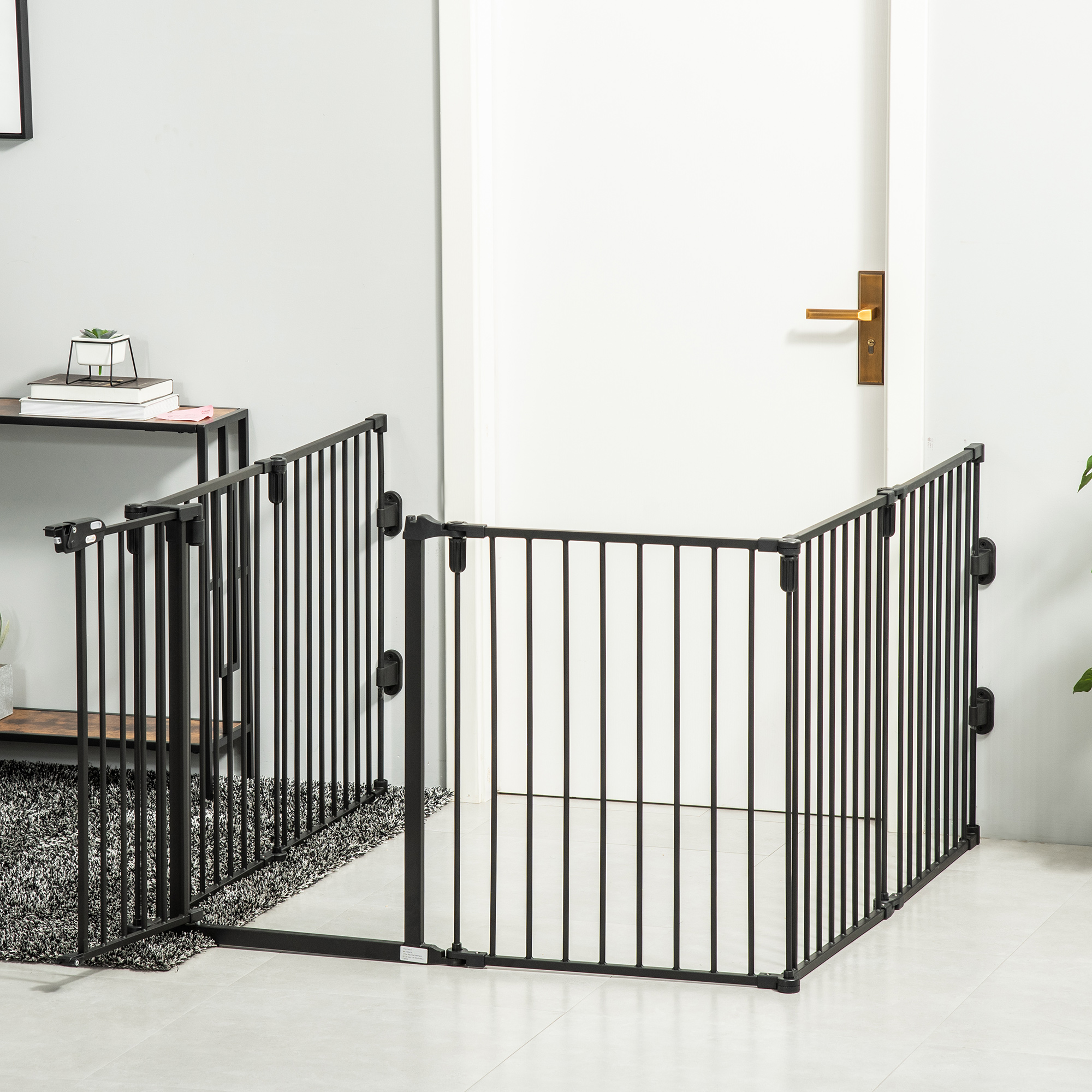Barriera di Sicurezza per Caminetto Pieghevole e Modulare Pawhut, 6 Pannelli con Porta, Senza Foratura, Recinto per Cani, 362,5 X 76 Cm, Nero