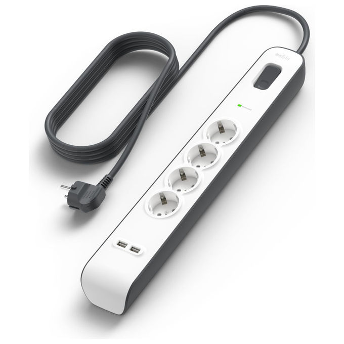 Belkin BSV401VF2M-V2 Ciabatta Multipresa con USB 4 Prese 2 Porte USB-A Cavo 2 m Protezione Sovratensioni Belkin BSV401VF2M-V2 Ciabatta Multipresa con USB 4 Prese 2 Porte USB-A Cavo 2 m Protezione Sovratensioni