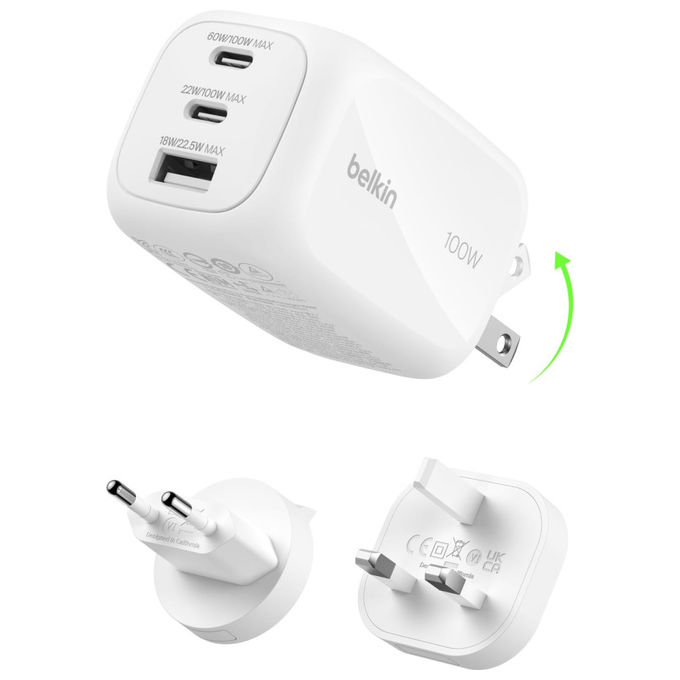 Belkin - Caricabatteria Da Parete Gan A 3 Porte Da 100 W-bianco