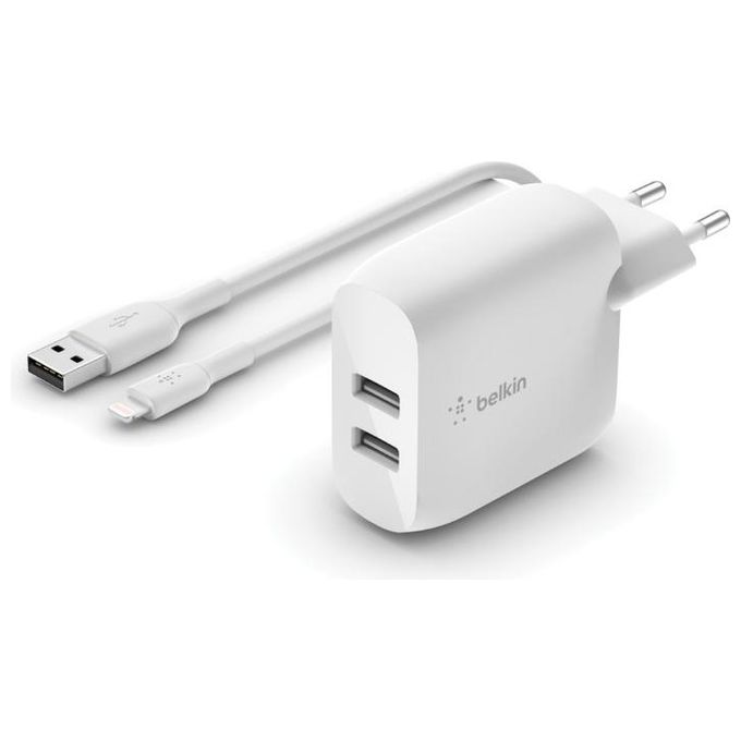 Belkin - Caricabatterie 2 Porte Usba, Cavo Usb-a A Ligh. 1m-bianco