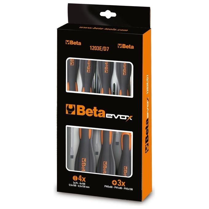 Beta 012031008 Evox Set 8 Giraviti Lama Piatta e Phillips PH0 PH1 PH2 PH3 Acciaio Cromato Impugnatura Ergonomica Beta 012031008 Evox Set 8 Giraviti Lama Piatta e Phillips PH0 PH1 PH2 PH3 Acciaio Cromato Impugnatura Ergonomica