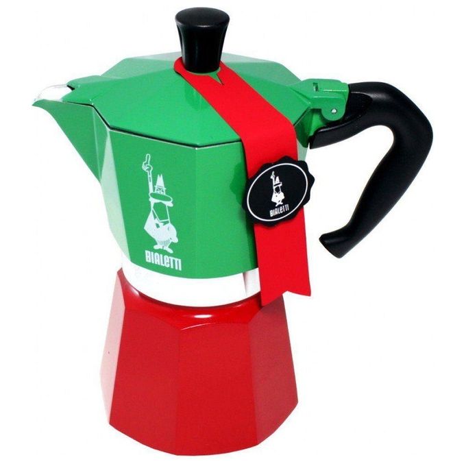 Bialetti 0005323-NP Moka Express Caffettiera 6 Tazze Alluminio Manico Ergonomico Valvola Sicurezza colore Verde Rosso Bianco