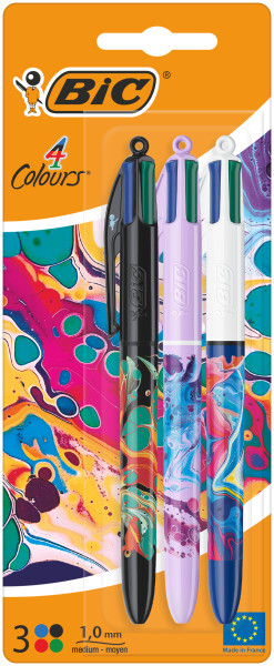 Bic 4 Colours Decors Hydro Confezione da 3 penne a sfera a scatto - Punta media da 10 mm - Inchiostro a base di olio - 4 colori