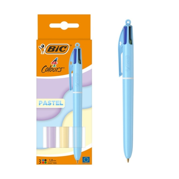 Bic 4 Colours Pastel Confezione da 3 penne a sfera a scatto - Punta media da 10 mm - Inchiostro a base di olio - Corpo pastello - 4 colori Bic 4 Colours Pastel Confezione da 3 penne a sfera a scatto - Punta media da 10 mm - Inchiostro a base di olio - Corpo pastello - 4 colori