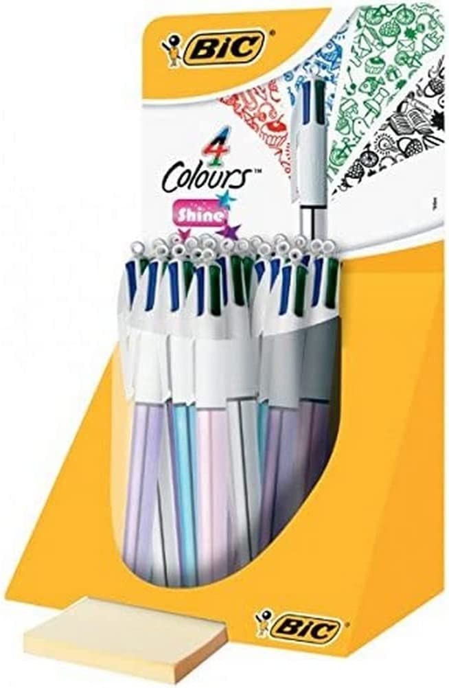 Bic 4 Colours Shine 20 penne a sfera retrattili Display - Punta media da 10 mm - Inchiostro a base di olio - Fusto di colori metallici assortiti - 4 colori Bic 4 Colours Shine 20 penne a sfera retrattili Display - Punta media da 10 mm - Inchiostro a base di olio - Fusto di colori metallici assortiti - 4 colori