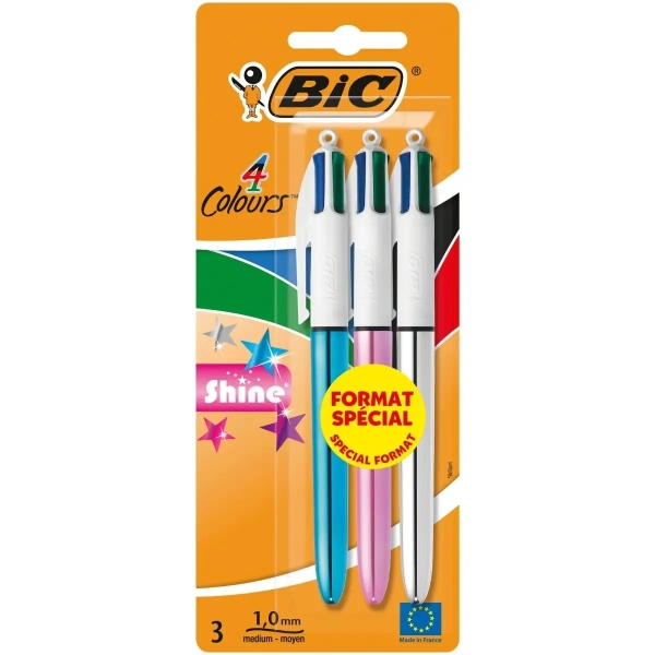 Bic 4 Colours Shine Pack de 3 Boligrafos de Bola Retractil - Punta de 1mm - Trazo de 0.4mm - Tinta con Base de Aceite - Cuerpo Oro/Blanco - 4 Colores Bic 4 Colours Shine Pack de 3 Boligrafos de Bola Retractil - Punta de 1mm - Trazo de 0.4mm - Tinta con Base de Aceite - Cuerpo Oro/Blanco - 4 Colores
