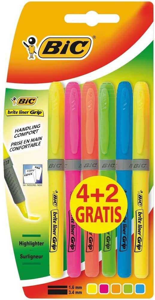Bic Brit Liner Grip 4+2 Confezione da 6 pennarelli fluorescenti - Inchiostro a base d'acqua - Punta a scalpello - Dimensioni del tratto tra 160 e 330 mm - Colori assortiti Bic Brit Liner Grip 4+2 Confezione da 6 pennarelli fluorescenti - Inchiostro a base d'acqua - Punta a scalpello - Dimensioni del tratto tra 160 e 330 mm - Colori assortiti