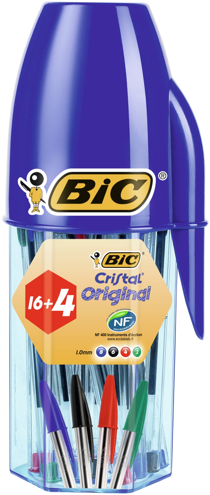 Bic Cristal Original Megatube con 16+4 penne a sfera in omaggio - Punta tonda da 1 mm - Tratto da 04 mm - Inchiostro a base d'olio - Colori assortiti