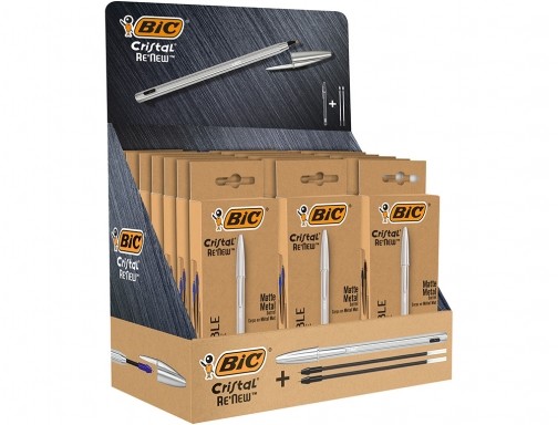 Bic Cristal Re´new Display di 21 penne a sfera con corpo in metallo + 2 ricariche - 15 inchiostro blu e 6 inchiostro nero - punta media 10 mm - inchiostro a base di olio - colore blu