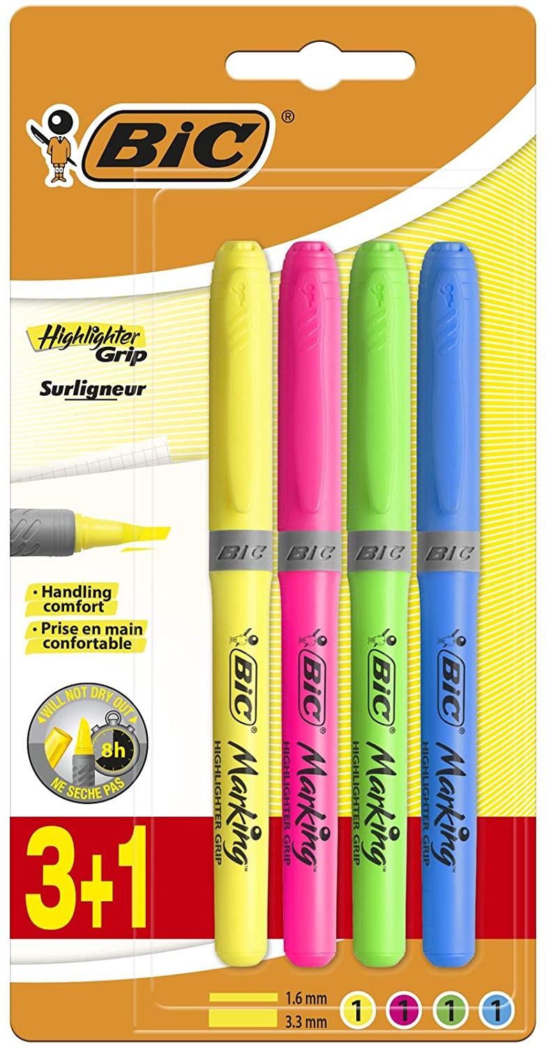 Bic Highlighter Grip Confezione da 4 Pennarelli Fluorescenti - Inchiostro a Base Acqua - Punta a Scalpello - Tratto tra 160 e 330 mm - Colori Assortiti Bic Highlighter Grip Confezione da 4 Pennarelli Fluorescenti - Inchiostro a Base Acqua - Punta a Scalpello - Tratto tra 160 e 330 mm - Colori Assortiti