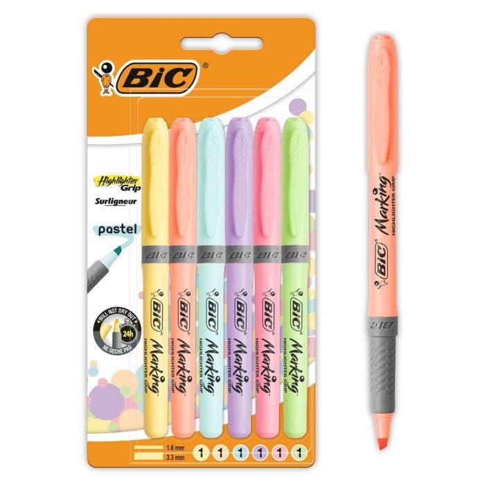 Bic Highlighter Grip Confezione da 6 pennarelli pastello fluorescenti - Inchiostro a base d acqua - Punta a scalpello - Tratto tra 160 e 330 mm - Colori assortiti Bic Highlighter Grip Confezione da 6 pennarelli pastello fluorescenti - Inchiostro a base d acqua - Punta a scalpello - Tratto tra 160 e 330 mm - Colori assortiti