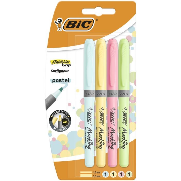 BIC Highlighter Grip Pastel evidenziatore 4 pz Punta smussata Blu Verde Rosa Giallo