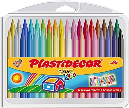 Bic Kids Plastidecor Confezione da 36 matite a cera - Extra resistente - Facile da temperare - Non macchia