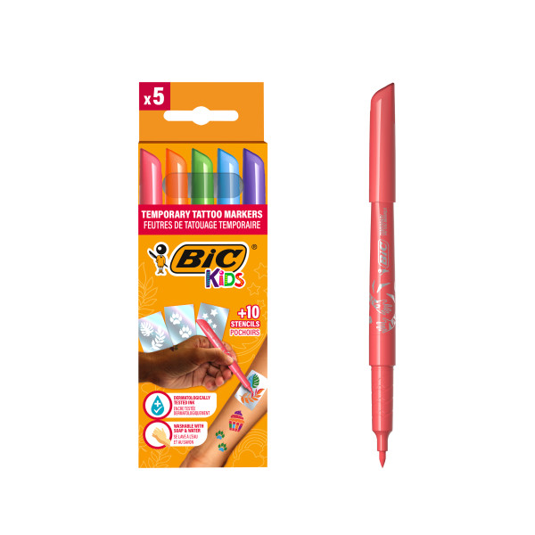 Bic Kids Tattoos Confezione da 5 pennarelli + 10 stencil per tatuaggi temporanei - Inchiostro dermatologicamente testato e senza profumo - Colori assortiti Bic Kids Tattoos Confezione da 5 pennarelli + 10 stencil per tatuaggi temporanei - Inchiostro dermatologicamente testato e senza profumo - Colori assortiti