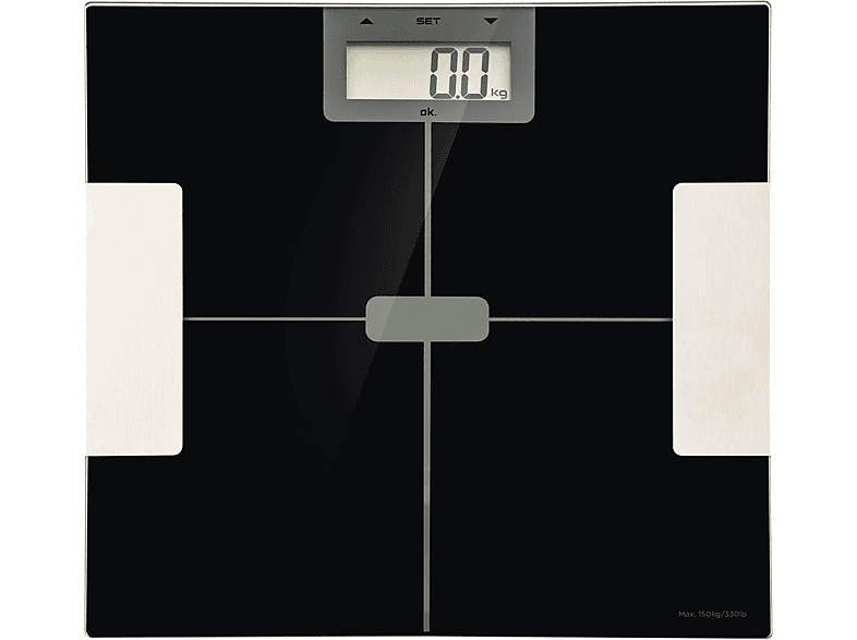 Bilancia Pesapersone OK OPS 15422 B, Display LCD, Capacità Max 150 Kg, Analizza 6 dati Composizione Corporea, Piattaforma in vetro